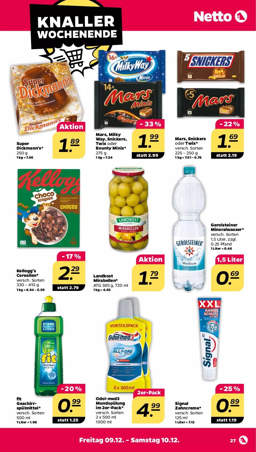 Aktueller Prospekt Netto - Woche 49 - von 05.12 bis 10.12.2022 - strona 27 - produkty: Alwa, bounty, cerealien, creme, elle, gerolsteine, gerolsteiner, geschirr, geschirrspülmittel, mars, milky way, mineralwasser, mundspülung, ndk, oder twix, Odol, Signal, snickers, spülmittel, spülung, steiner, Ti, twix, wasser, zahncreme