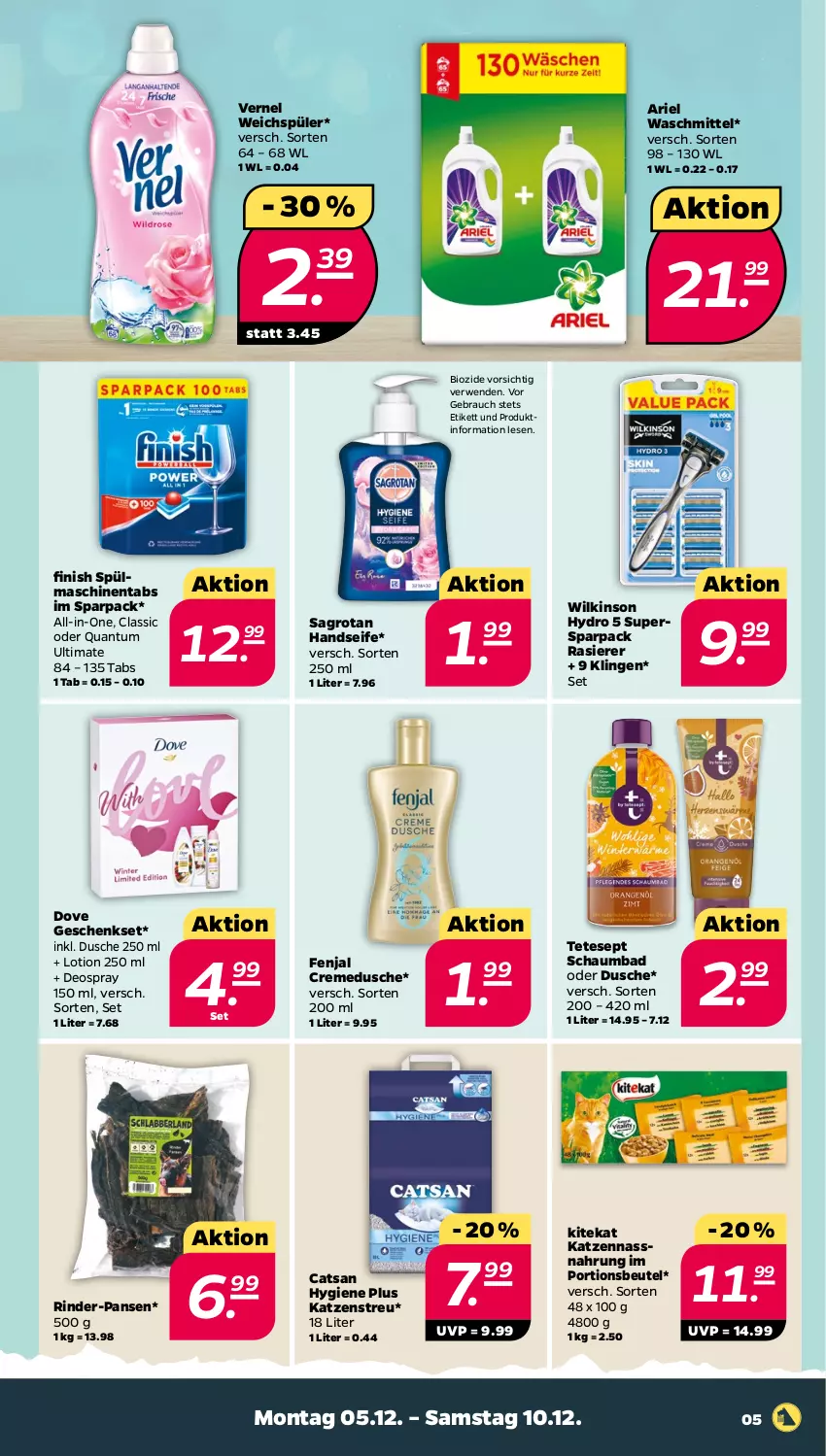 Aktueller Prospekt Netto - Woche 49 - von 05.12 bis 10.12.2022 - strona 5 - produkty: ariel, ariel waschmittel, Bad, beutel, bio, catsan, creme, cremedusche, deo, deospray, deospray 150 ml, dove, dusche, Finish, geschenkset, Handseife, Katzenstreu, kitekat, Lotion, Nassnahrung, portionsbeutel, rasierer, Rauch, rind, rinder, rwe, sagrotan, schaumbad, Seife, spülmaschinen, spülmaschinentabs, Ti, vernel, waschmittel, weichspüler, wilkinson