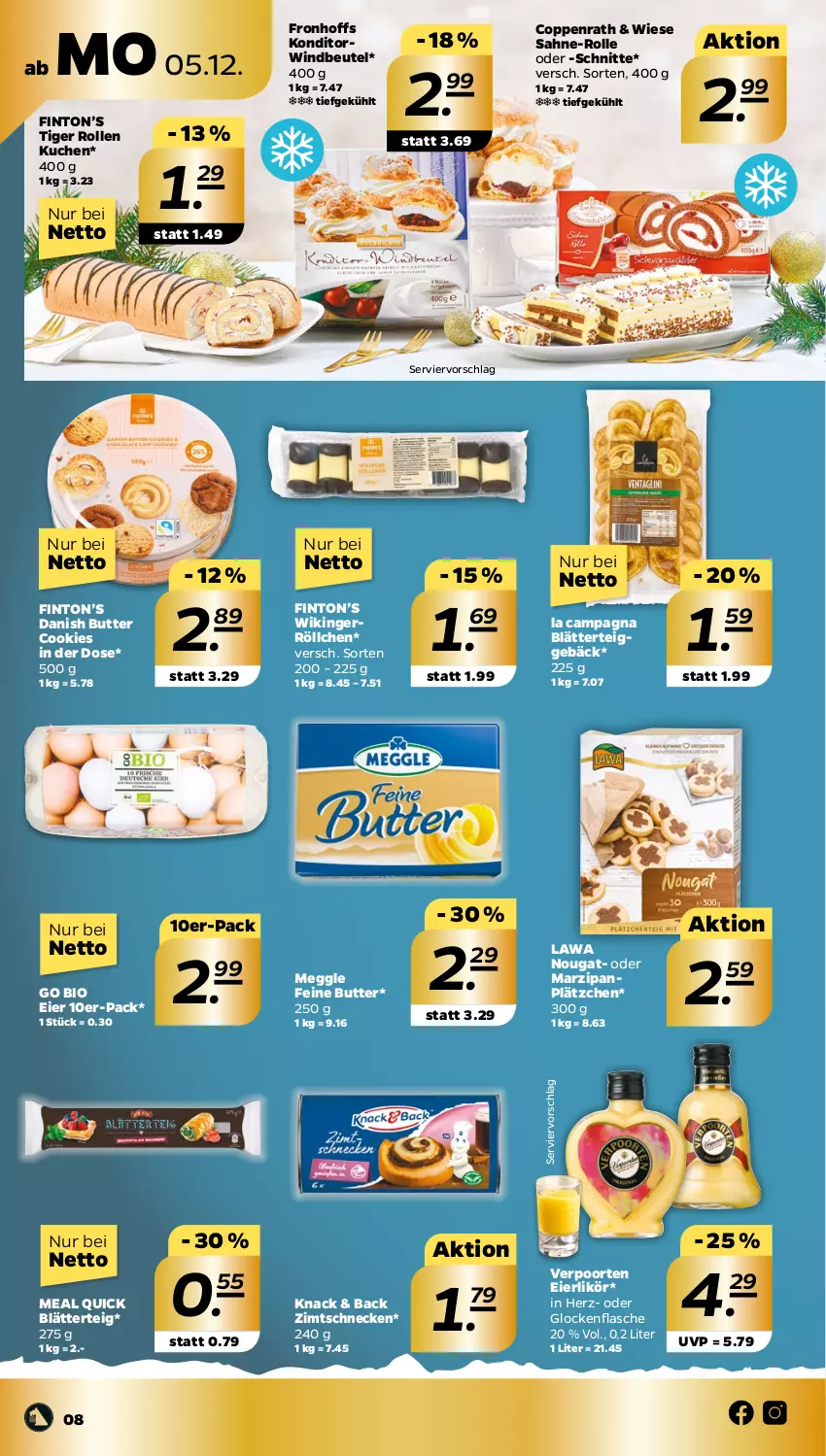 Aktueller Prospekt Netto - Woche 49 - von 05.12 bis 10.12.2022 - strona 8 - produkty: beutel, bio, blätterteig, blätterteiggebäck, butter, cookie, cookies, coppenrath, eier, eierlikör, flasche, kuchen, Lätzche, likör, marzipan, meggle, sahne, Ti, verpoorten, Windbeutel