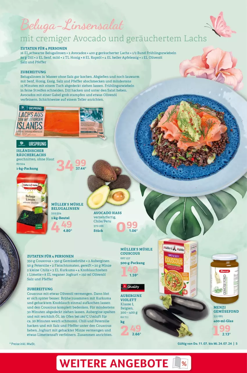 Aktueller Prospekt Selgros - Sommerrezepte - von 11.07 bis 24.07.2024 - strona 5 - produkty: angebot, angebote, Anrichte, apfel, apfelessig, aubergine, auberginen, avocado, avocados, Beluga, beutel, Brühe, chili, couscous, eis, elle, essig, fleisch, gabel, Gemüsebrühe, Gemüsefond, gin, honig, joghur, joghurt, knoblauch, lachs, leine, LG, limette, limetten, linsen, Mett, metten, minze, Müller, Ofen, olive, oliven, olivenöl, petersilie, pfeffer, rapsöl, Räucherlachs, reifen, reis, saft, salat, salz, schnitten, senf, teller, Ti, tomate, tomaten, tuc, wasser, zwiebel, zwiebeln