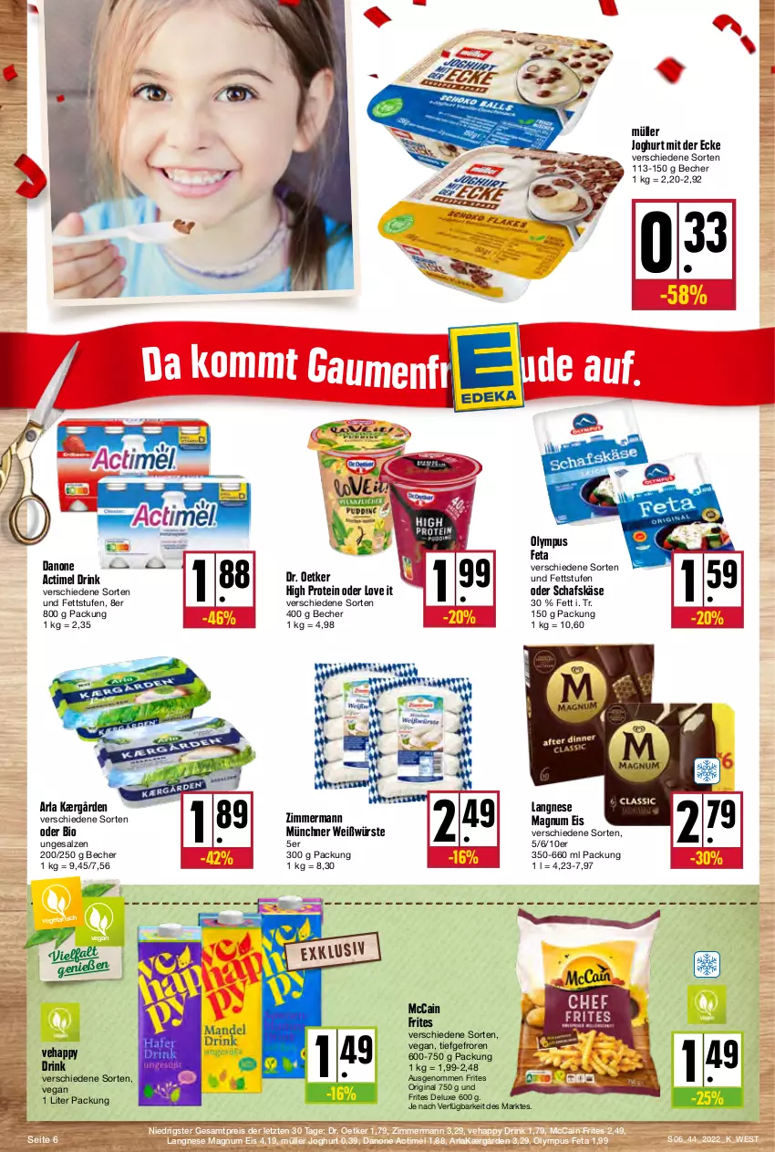 Aktueller Prospekt Kupsch - Angebote der Woche - von 31.10 bis 05.11.2022 - strona 6 - produkty: actimel, actimel drink, arla, Becher, bio, danone, danone actimel drink, Dr. Oetker, drink, eis, feta, gin, joghur, joghurt, joghurt mit der ecke, Kærgården, Käse, langnese, magnum, mccain, Müller, reis, salz, schafskäse, Ti, Vegeta, ZTE