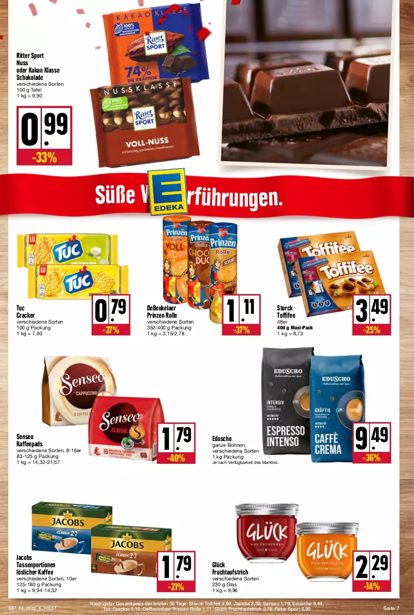 Aktueller Prospekt Kupsch - Angebote der Woche - von 31.10 bis 05.11.2022 - strona 7 - produkty: aufstrich, bohne, bohnen, cracker, debeukelaer, eduscho, eis, frucht, fruchtaufstrich, jacobs, kaffee, kaffeepads, kakao, löslicher kaffee, nuss, prinzen rolle, reis, ritter, ritter sport, schoko, schokolade, senseo, Sport, storck, tasse, Ti, toffifee, tuc, ZTE