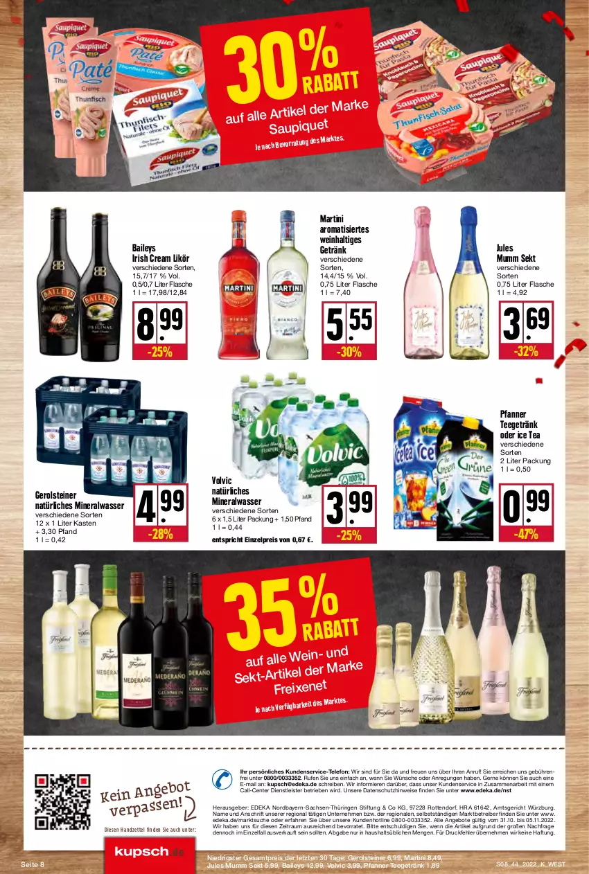 Aktueller Prospekt Kupsch - Angebote der Woche - von 31.10 bis 05.11.2022 - strona 8 - produkty: Alwa, angebot, angebote, Astra, baileys, deka, eis, ente, flasche, gerolsteine, gerolsteiner, getränk, ice tea, irish cream, jules mumm, likör, martini, mineralwasser, mumm, natürliches mineralwasser, pfanne, Pfanner, Rauch, reis, ring, sac, sekt, steiner, tee, telefon, Ti, volvic, volvic natürliches, wasser, wein, ZTE