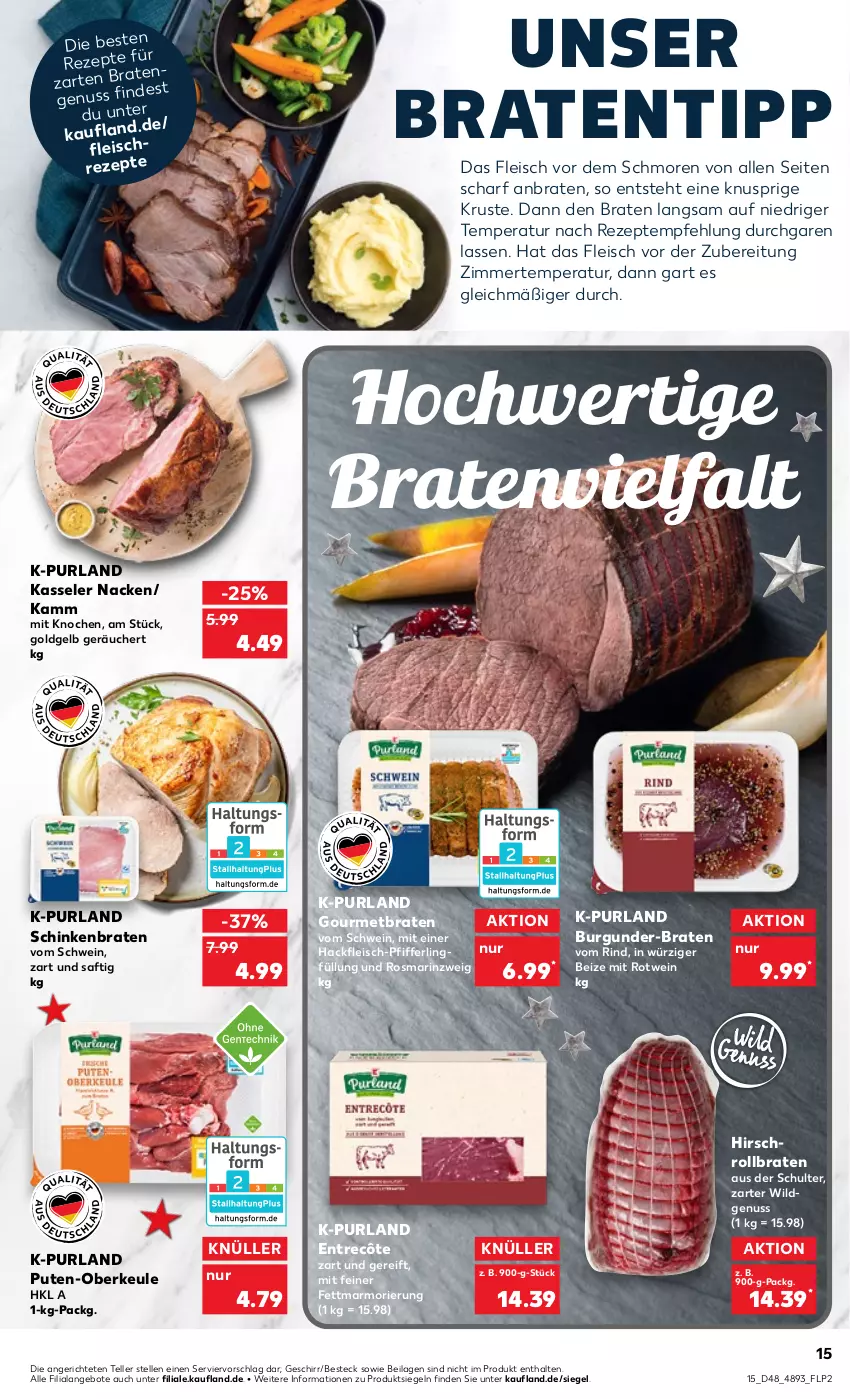 Aktueller Prospekt Kaufland - von 01.12 bis 07.12.2022 - strona 15 - produkty: angebot, angebote, besteck, braten, burgunder, eis, elle, entrecôte, fleisch, geschirr, hackfleisch, ilag, kasseler, nuss, purland, pute, rezept, rezepte, rind, rollbraten, rosmarin, rotwein, saft, schinken, schinkenbraten, schwein, teller, Ti, wein, Wild