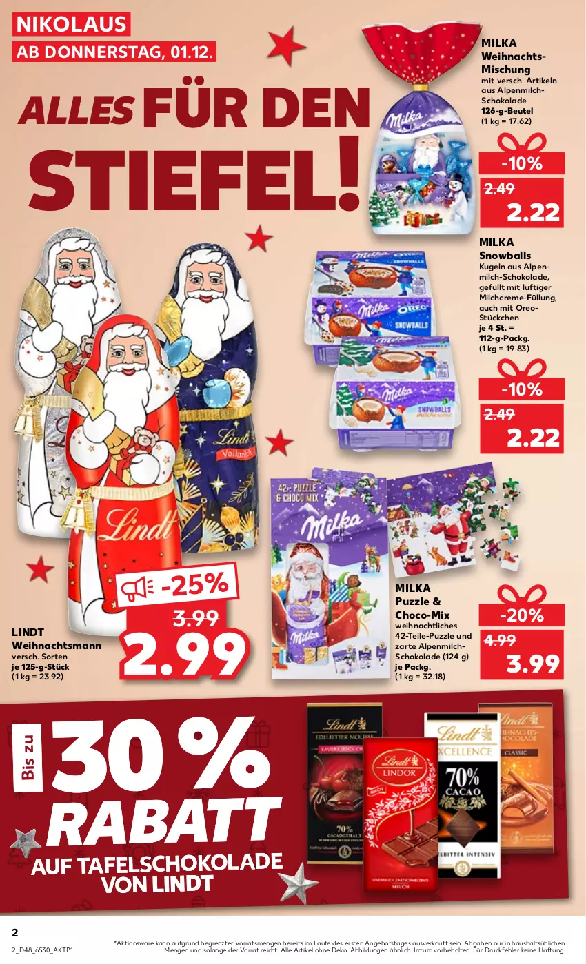 Aktueller Prospekt Kaufland - von 01.12 bis 07.12.2022 - strona 2 - produkty: alpenmilch, angebot, ball, beutel, creme, Kugel, lindt, milch, milka, oreo, Puzzle, schoko, schokolade, tafelschokolade, Ti, ZTE