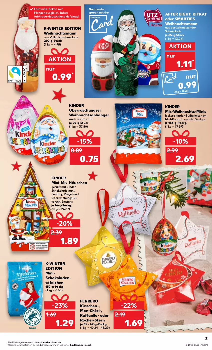 Aktueller Prospekt Kaufland - von 01.12 bis 07.12.2022 - strona 3 - produkty: after eight, angebot, angebote, Anhänger, ferrero, Ferrero Küsschen, kakao, Kinder, kinder schokolade, kitkat, milch, raffaello, riegel, schoko, schokolade, schokoladen, smarties, Ti, vollmilch