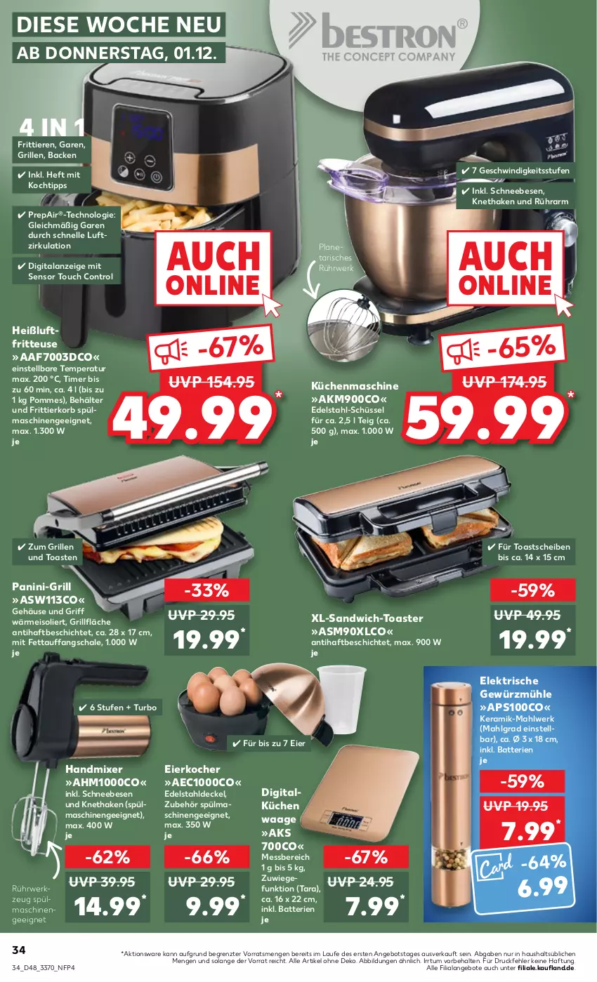 Aktueller Prospekt Kaufland - von 01.12 bis 07.12.2022 - strona 34 - produkty: angebot, angebote, batterie, batterien, Behälter, decke, Deckel, edelstahl, eier, Eierkocher, eis, elle, fritteuse, Frittierkorb, gefu, gewürz, Gewürzmühle, grill, grillfläche, handmixer, Heißluftfritteuse, Kocher, korb, küche, Küchen, küchenmaschine, LG, Mixer, pommes, rwe, sandwich, Schal, Schale, Schneebesen, schüssel, spülmaschinen, Ti, Tiere, timer, toast, toaster, Waage, werkzeug, ZTE