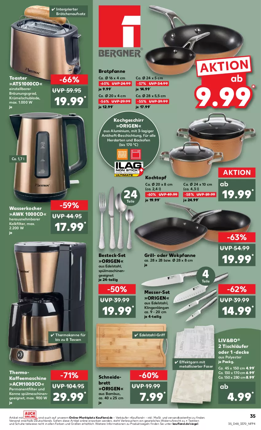 Aktueller Prospekt Kaufland - von 01.12 bis 07.12.2022 - strona 35 - produkty: backofen, bambus, besteck, besteck-set, bratpfanne, brötchen, brötchenaufsatz, decke, edelstahl, eis, erde, geschirr, grill, herdarten, kaffee, kaffeemaschine, Kocher, Kochtopf, Läufer, messer, ndk, Ofen, pfanne, Rauch, schneidebrett, schuhe, spülmaschinen, tasse, Ti, tisch, tischläufer, toast, toaster, topf, versandkostenfrei, wasser, wasserkocher, wok