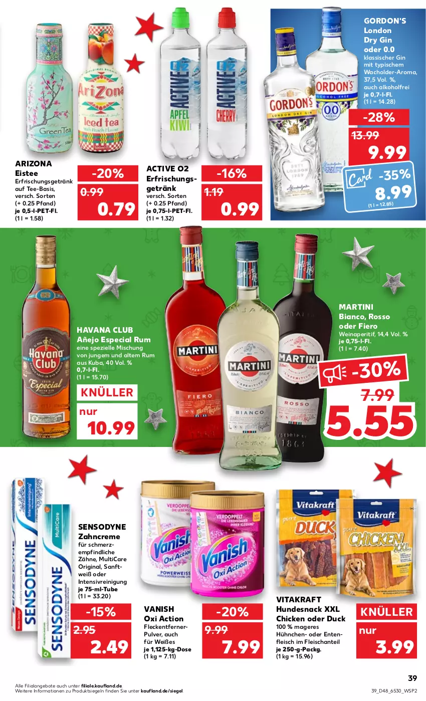 Aktueller Prospekt Kaufland - von 01.12 bis 07.12.2022 - strona 39 - produkty: alkohol, angebot, angebote, aperitif, creme, dry gin, Duck, eis, eistee, elle, ente, erfrischungsgetränk, fleckentferner, fleisch, getränk, gin, gordon, gordon's, Havana Club, hundesnack, kraft, london dry, london dry gin, martini, oxi action, Reinigung, rum, sensodyne, snack, Spezi, tee, Ti, vanish, vanish oxi action, vita, vitakraft, wein, zahncreme