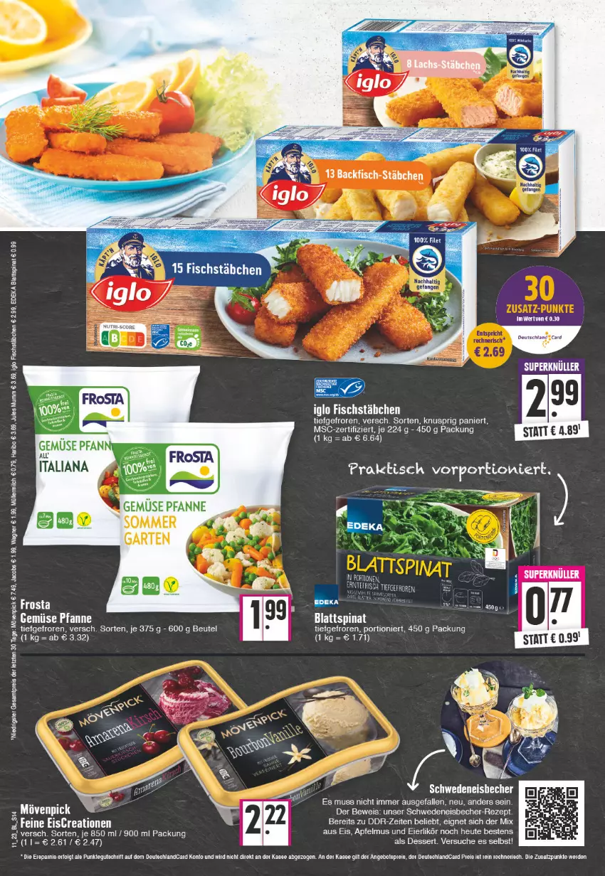 Aktueller Prospekt Edeka - Angebote der Woche - von 13.03 bis 18.03.2023 - strona 14 - produkty: angebot, angebote, apfel, apfelmus, auer, backfisch, Becher, beutel, blattspinat, deka, dessert, eier, eierlikör, eis, eisbecher, fisch, fischstäbchen, Garten, haribo, Heu, iglo, jacobs, jules mumm, likör, milch, mövenpick, Müller, müllermilch, mumm, pfanne, reis, rezept, spinat, Ti, wagner, ZTE