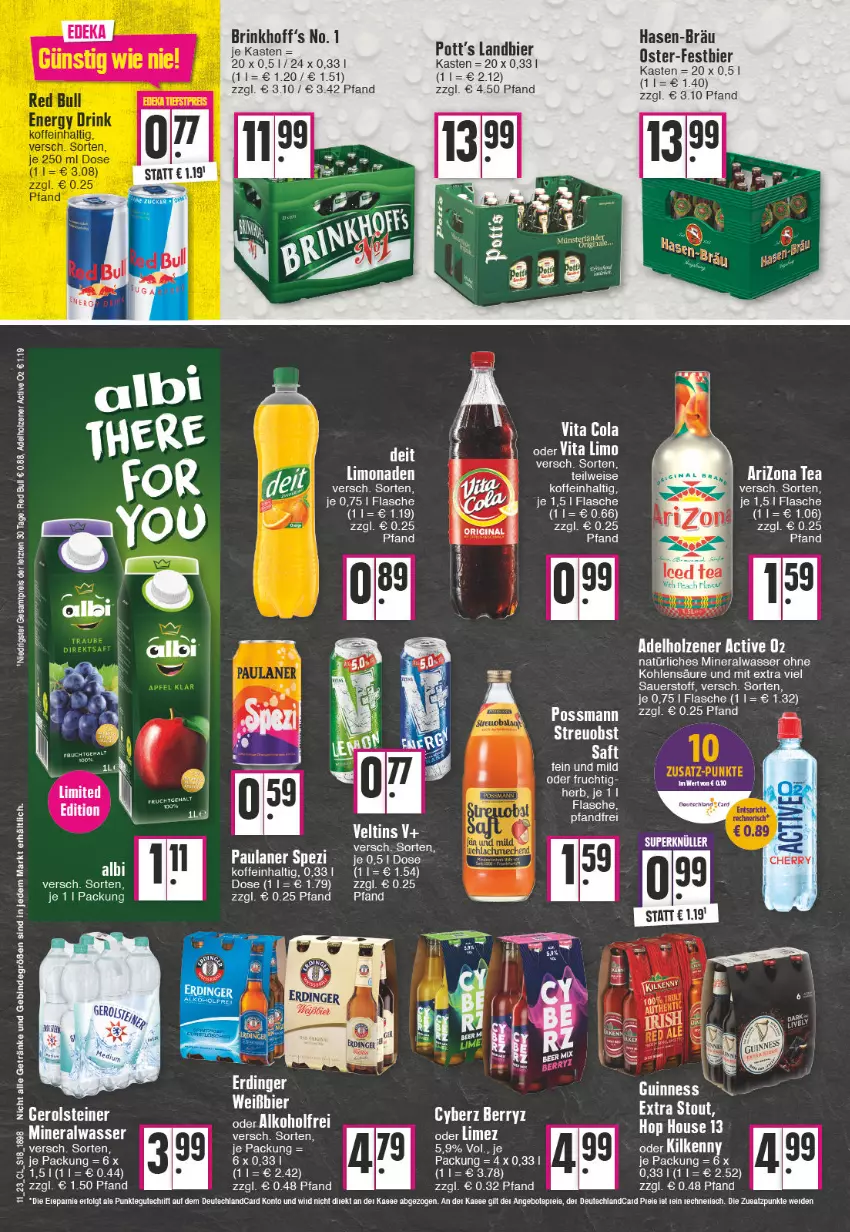 Aktueller Prospekt Edeka - Angebote der Woche - von 13.03 bis 18.03.2023 - strona 18 - produkty: adelholzener, Alwa, auer, bier, cola, deit, eis, elle, ente, flasche, frucht, gerolsteine, gerolsteiner, getränk, getränke, Guinness, Holz, limo, limonade, limonaden, mineralwasser, natürliches mineralwasser, obst, Paula, paulaner, red bull, reis, saft, Spezi, steiner, Ti, veltins, vita, Vita C, wasser, ZTE