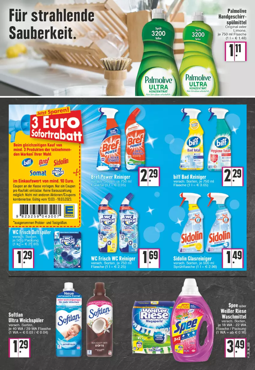 Aktueller Prospekt Edeka - Angebote der Woche - von 13.03 bis 18.03.2023 - strona 23 - produkty: ACC, bier, Brei, coupon, coupons, flasche, geschirr, gin, limo, olive, palmolive, Softlan, somat, spee, spülmittel, Ti, weichspüler