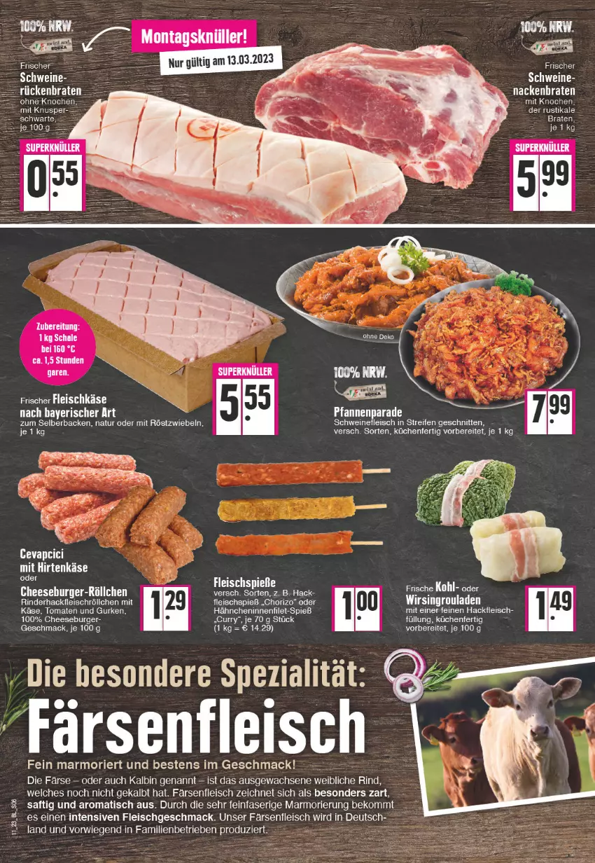 Aktueller Prospekt Edeka - Angebote der Woche - von 13.03 bis 18.03.2023 - strona 6 - produkty: beko, braten, burger, chorizo, eis, filet, fleisch, gurke, gurken, hackfleisch, hirtenkäse, Käse, küche, Küchen, mac, mit röstzwiebeln, natur, pfanne, pfannen, reifen, rind, rinder, rinderhackfleisch, röstzwiebeln, rouladen, saft, schnitten, schwein, schweine, schweinefleisch, senf, Spezi, Ti, tisch, tomate, tomaten, wein, weine, Wirsing, zwiebel, zwiebeln