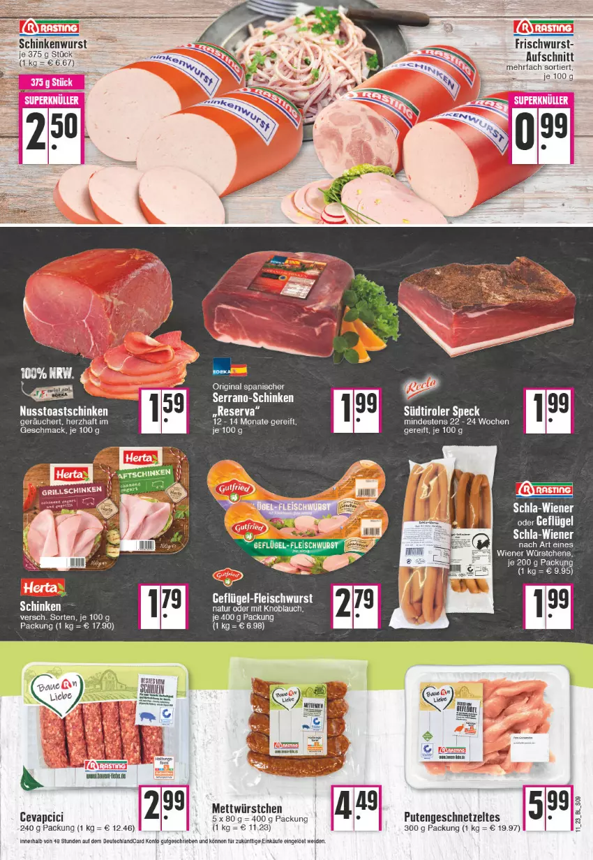 Aktueller Prospekt Edeka - Angebote der Woche - von 13.03 bis 18.03.2023 - strona 9 - produkty: aufschnitt, eis, fleisch, fleischwurst, Geflügel, Geflügel-Fleischwurst, geschnetzeltes, gin, mac, Mett, nuss, pute, Putengeschnetzeltes, schinken, schinkenwurst, serrano, Ti, toast, Toastschinken, wiener, wurst, würstchen, Zelt