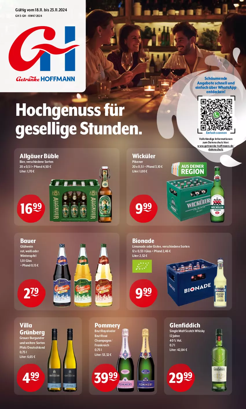 Aktueller Prospekt Getraenke Hoffmann - Prospekte - von 18.11 bis 23.11.2024 - strona 1 - produkty: angebot, angebote, apfel, auer, Bau, Bauer, bier, bio, bionade, brut, burgunder, champagne, decke, eis, eistee, Glühwein, grauer burgunder, LG, limo, limonade, nuss, pils, pilsener, scotch, scotch whisky, single malt, tee, Ti, wein, whisky, WICK