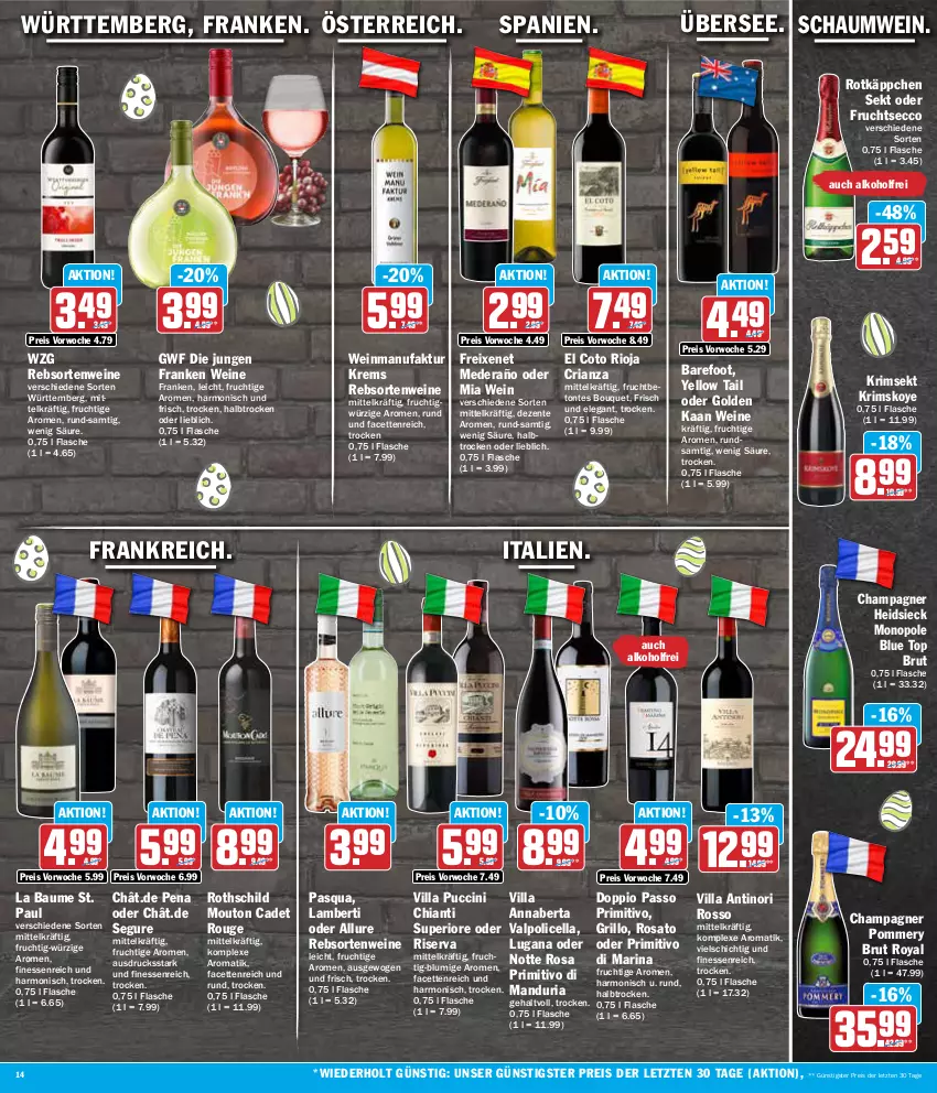 Aktueller Prospekt Aez - Prospekte - von 25.03 bis 30.03.2024 - strona 14 - produkty: alkohol, Amber, Bau, brut, champagne, champagner, chia, chianti, cin, doppio passo, ecco, eis, ente, Faktu, finesse, flasche, freixenet, frucht, fruchtsecco, grill, grillo, passo, primitivo, rebsortenweine, reis, Ria, rioja, riserva, rosato, rotkäppchen, rouge, sekt, Ti, Valpolicella, wein, weine, yellow tail, ZTE