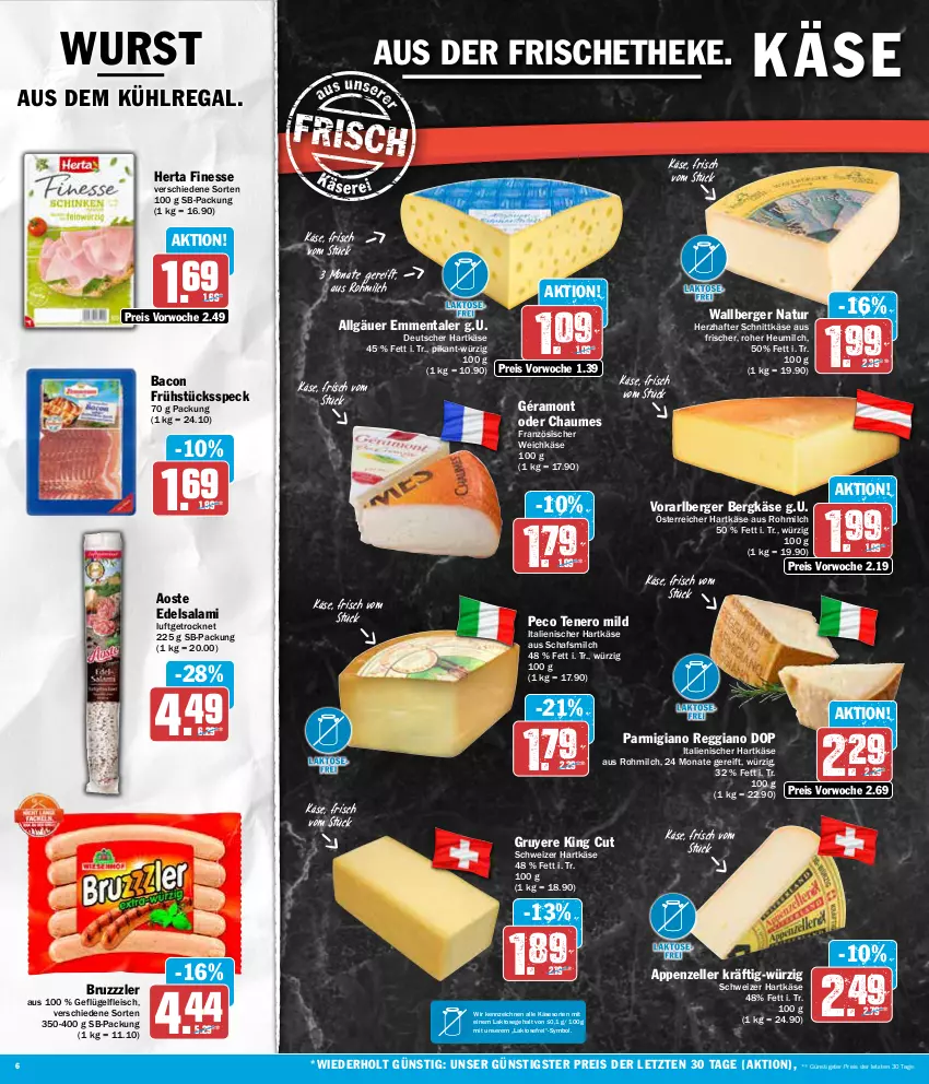 Aktueller Prospekt Aez - Prospekte - von 25.03 bis 30.03.2024 - strona 6 - produkty: appenzeller, aus dem kühlregal, bacon, Berger, Bergkäse, bruzzzler, chaumes, Edelsalami, eis, elle, emmentaler, finesse, fleisch, französischer weichkäse, Frühstücksspeck, Geflügel, géramont, hartkäse, herta, herta finesse, Heu, heumilch, italienischer hartkäse, Käse, kühlregal, LG, milch, natur, nero, parmigiano, parmigiano reggiano, regal, reggiano, reis, salami, schnittkäse, schweizer hartkäse, Speck, Ti, weichkäse, wurst, ZTE