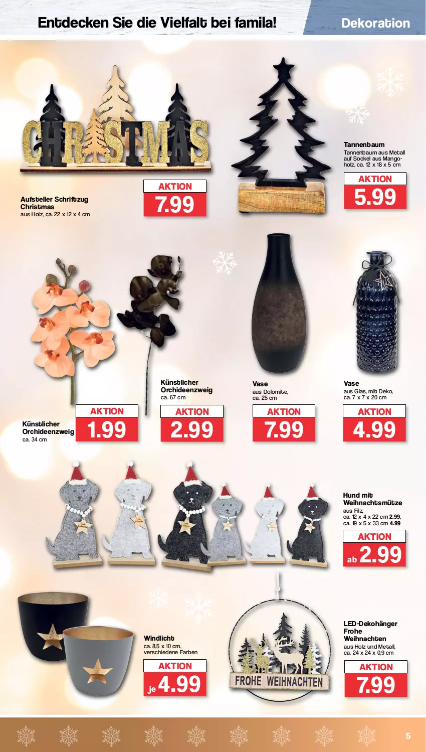 Aktueller Prospekt Famila - Prospekte - von 23.10 bis 28.10.2023 - strona 5 - produkty: Bau, decke, Dekohänger, dekoration, elle, Holz, mango, Mütze, orchidee, orchideen, Schriftzug, Tannenbaum, teller, Ti, Vase, weihnachten, windlicht