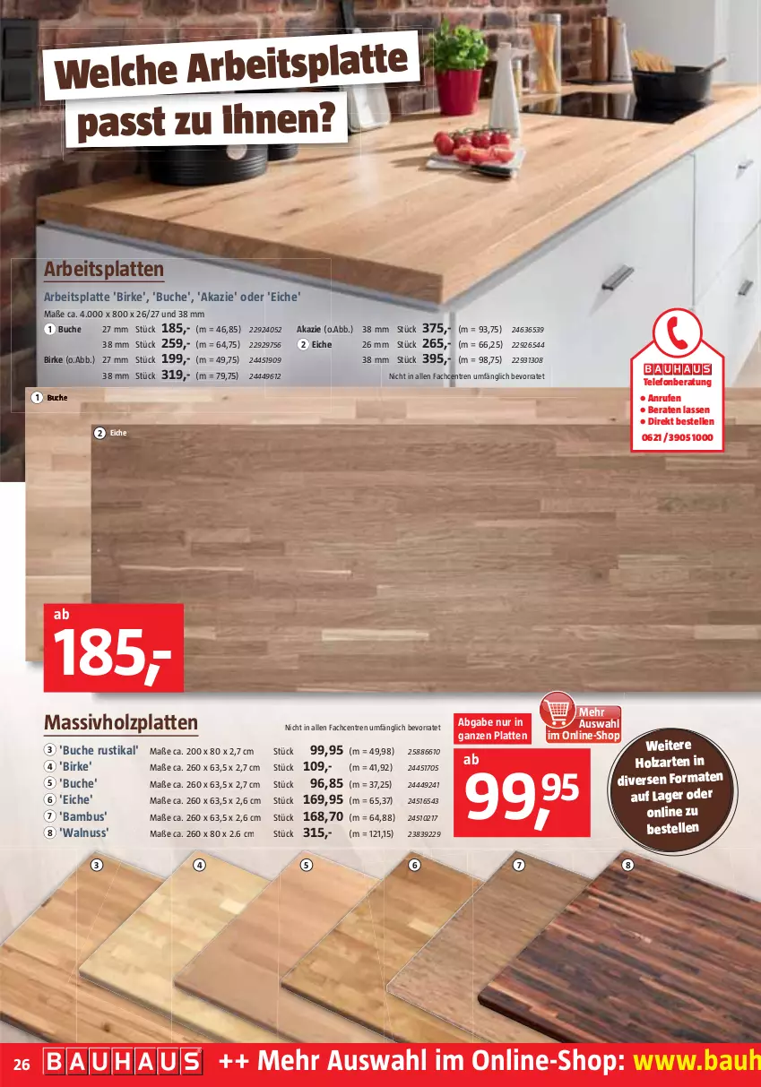 Aktueller Prospekt Bauhaus - Prospekte - von 03.09 bis 01.10.2022 - strona 26 - produkty: arbeitsplatte, bambus, Bau, buch, elle, Holz, latte, massivholz, Massivholzplatten, nuss, telefon, Ti, walnuss