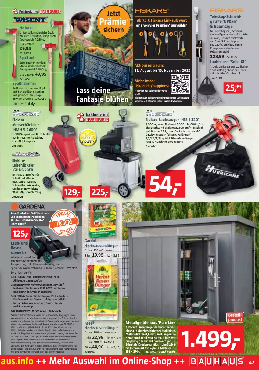 Aktueller Prospekt Bauhaus - Prospekte - von 03.09 bis 01.10.2022 - strona 47 - produkty: ACC, Bau, Brei, dünger, edelstahl, eis, Elektro, elle, fanta, fiskars, gardena, garnitur, Holz, Kamin, korb, LG, Liege, messer, ndk, rasen, rasendünger, Ria, riegel, sac, tee, Teleskop, Ti, werkzeug, Werkzeughalter, WICK