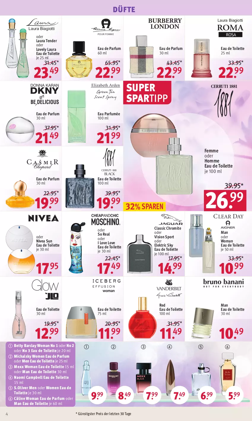 Aktueller Prospekt Rossmann - Prospekte - von 07.08 bis 11.08.2023 - strona 4 - produkty: bett, Eau de parfum, eau de parfum 30 ml, eau de toilette, eau de toilette 100 ml, eau de toilette 30 ml, eis, laura biagiotti, Mexx, Naomi Campbell, nivea, nivea sun, olive, parfum, reis, s.oliver, spartipp, Sport, tender, Ti, ZTE