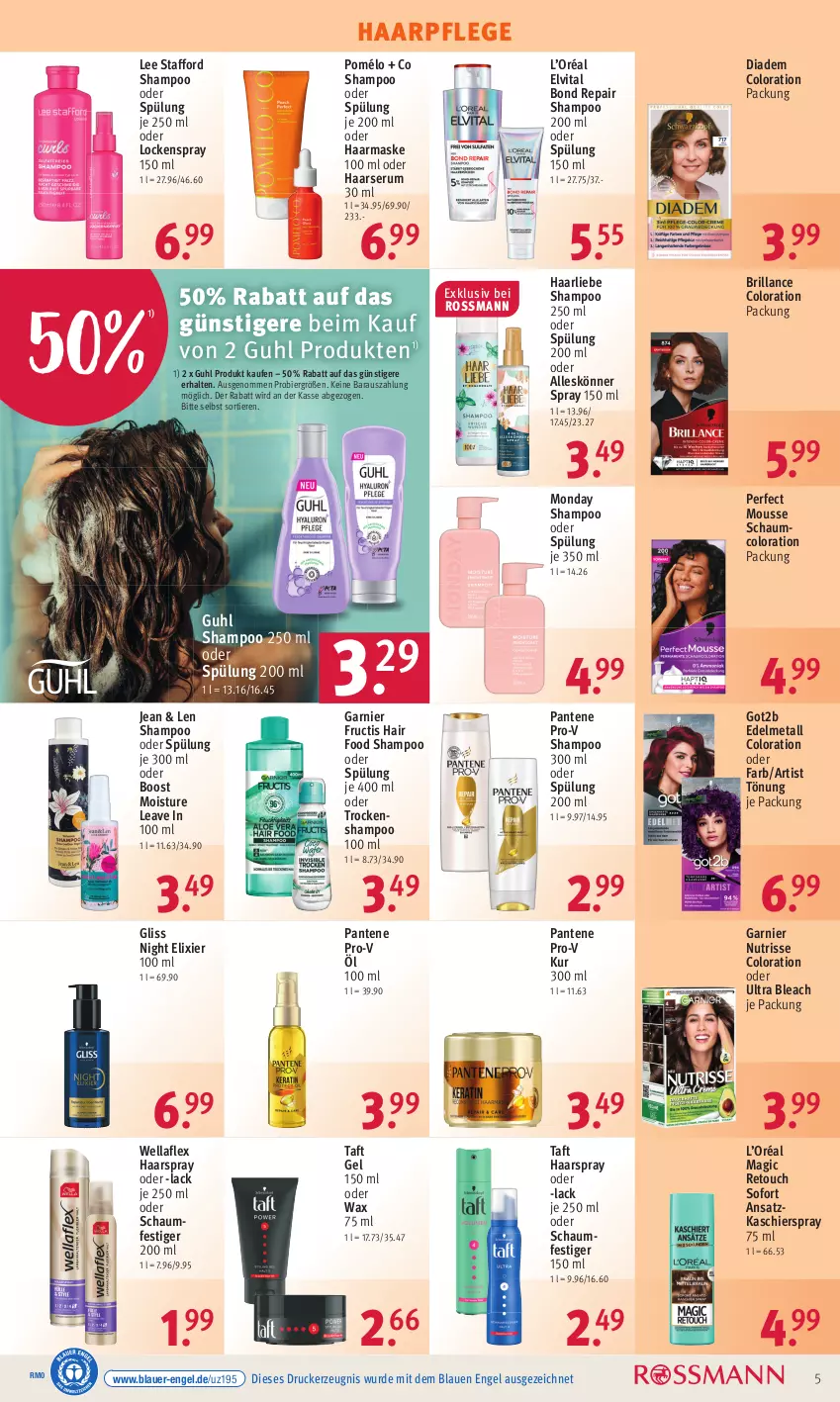 Aktueller Prospekt Rossmann - Prospekte - von 07.08 bis 11.08.2023 - strona 5 - produkty: auer, bier, brillance, diadem, drucker, elvital, Engel, fructis, garnier, gliss, got2b, Guhl, haarpflege, haarspray, kerze, lack, Maske, mousse, Nutrisse, oder schaumfestiger, pantene, pantene pro-v, pro-v, rum, schaumfestiger, Serum, shampoo, shampoo 250 ml, shampoo oder spülung, spülung, spülung 200 ml, Taft, Ti, Tiere, Trockenshampoo, vita, Wella, wellaflex