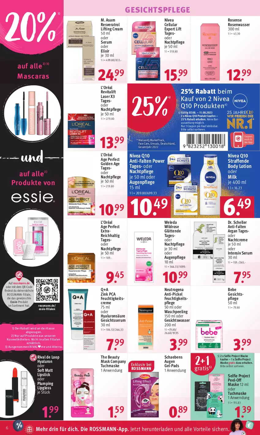 Aktueller Prospekt Rossmann - Prospekte - von 07.08 bis 11.08.2023 - strona 6 - produkty: alterra, Augenpflege, Bebe, body, body lotion, coupon, creme, Dr. Scheller, elle, feuchtigkeitscreme, feuchtigkeitspflege, gesichtspflege, Gesichtswasser, HP, hyaluron, kosmetik, Lipgloss, Lipstick, Lotion, Mascara, Maske, nachtcreme, nachtpflege, neutrogena, nivea, Peeling, Q10, Revital, revitalift, rosen, Rosenwasser, rum, Schaebens, Serum, Ti, Tiere, tuc, tuchmaske, vita, wasser, weleda, Wild