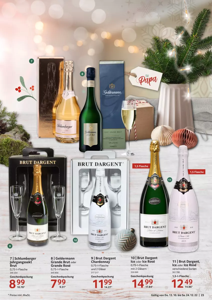 Aktueller Prospekt Selgros - Praesente - von 13.10 bis 24.12.2022 - strona 23 - produkty: Berger, brut, brut dargent, chardonnay, eis, flasche, geldermann, geschenkpackung, Gläser, jahrgangssekt, reis, sekt, Ti