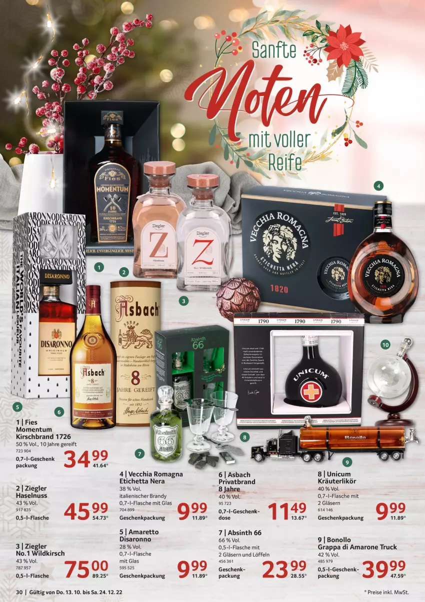 Aktueller Prospekt Selgros - Praesente - von 13.10 bis 24.12.2022 - strona 30 - produkty: Amaretto, amaro, chia, eis, flasche, geschenkpackung, Gläser, grappa, haselnuss, kirsch, kräuter, kräuterlikör, likör, Löffel, nuss, reis, saro, Ti, Unicum, Vecchia Romagna, Wild