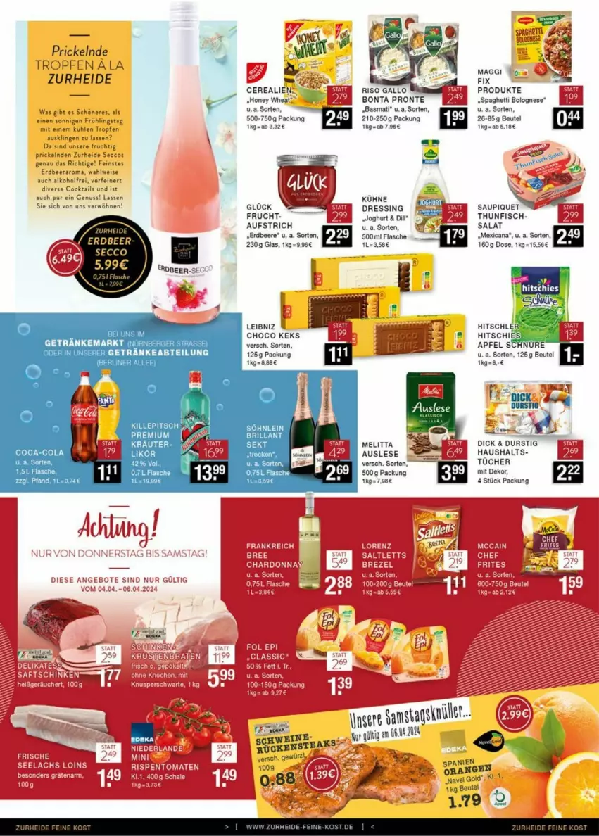 Aktueller Prospekt Edeka - Prospekte - von 31.03 bis 06.04.2024 - strona 8 - produkty: alkohol, aufstrich, basmati, beere, beutel, bolognese, cerealien, coca-cola, cocktail, cocktails, cola, dressing, erdbeere, fisch, flasche, frucht, gallo, gewürz, joghur, joghurt, keks, kräuter, leibniz, LG, meica, melitta, nuss, sac, salat, saupiquet, söhnlein, spaghetti, spaghetti bolognese, steak, steaks, tee, thunfisch, Ti, tücher, uhr