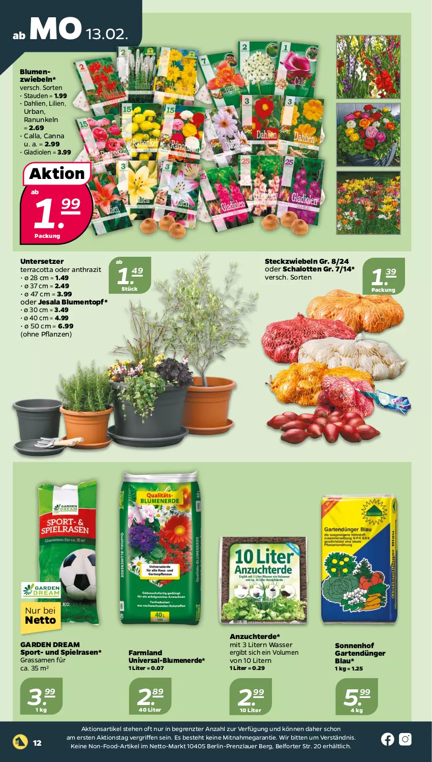 Aktueller Prospekt Netto - Woche 7 - von 13.02 bis 18.02.2023 - strona 12 - produkty: auer, blume, blumen, blumenerde, dahlie, dünger, erde, Garten, Gladiolen, pflanze, pflanzen, rasen, Schal, Schalotte, Sport, stauden, Ti, topf, Untersetzer, wasser, ZTE, zwiebel, zwiebeln