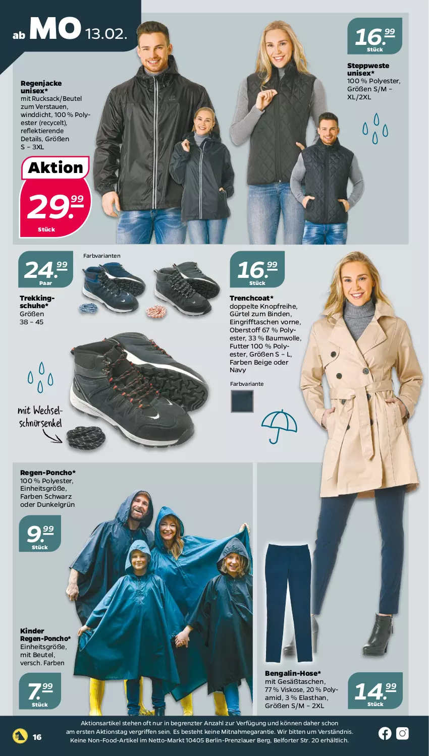 Aktueller Prospekt Netto - Woche 7 - von 13.02 bis 18.02.2023 - strona 16 - produkty: auer, Bau, baumwolle, Bengalin, beutel, binden, hose, Jacke, Kinder, LG, Ria, rucksack, sac, schuhe, Tasche, taschen, Ti, Tiere, Trekkingschuh, Trekkingschuhe, Trenchcoat, Weste, wolle, ZTE