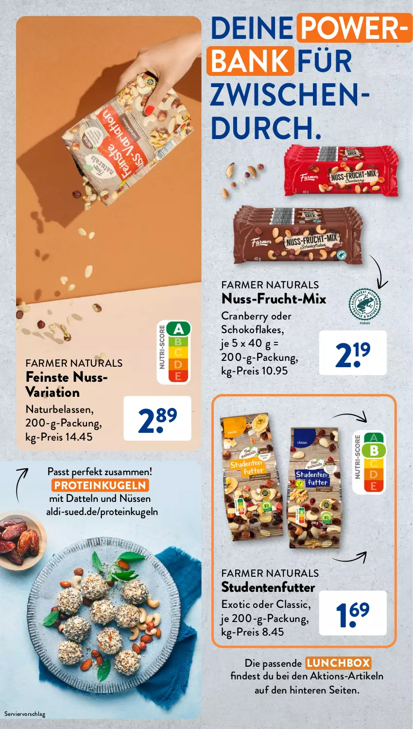 Aktueller Prospekt AldiSud - Entdecke unser Sortiment - von 01.08 bis 31.08.2023 - strona 10 - produkty: aldi, Bank, cranberry, Datteln, eis, ente, flakes, frucht, Kugel, lunchbox, natur, natura, nuss, powerbank, reis, Ria, schoko, studentenfutter, Ti