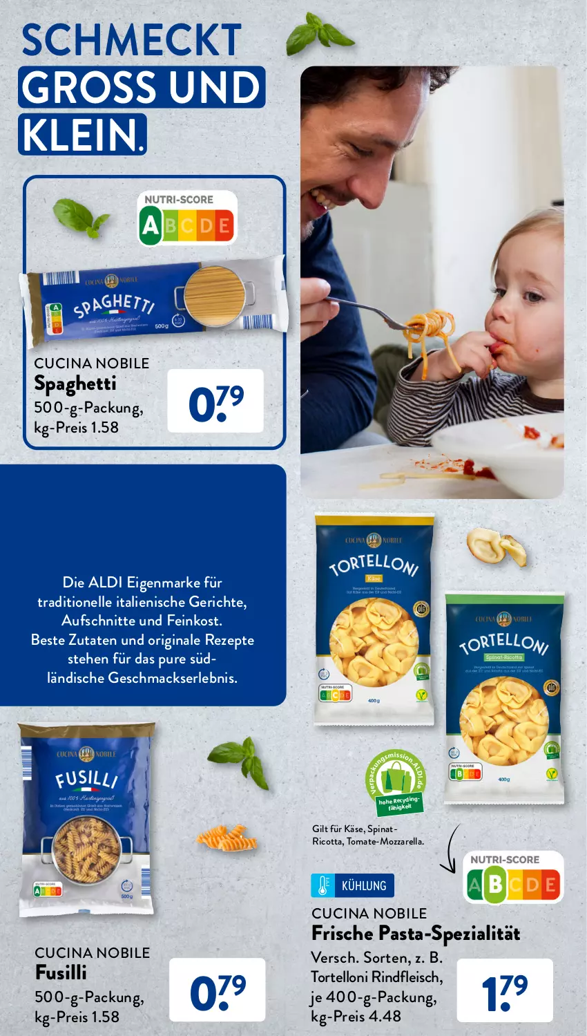 Aktueller Prospekt AldiSud - Entdecke unser Sortiment - von 01.08 bis 31.08.2023 - strona 12 - produkty: aldi, aufschnitt, cin, Clin, eis, elle, feinkost, fleisch, Frische Pasta, fusilli, gin, Käse, mac, mozzarella, pasta, reis, rel, rezept, rezepte, ricotta, rind, rindfleisch, spaghetti, Spezi, spinat, Ti, tomate, torte, tortelloni