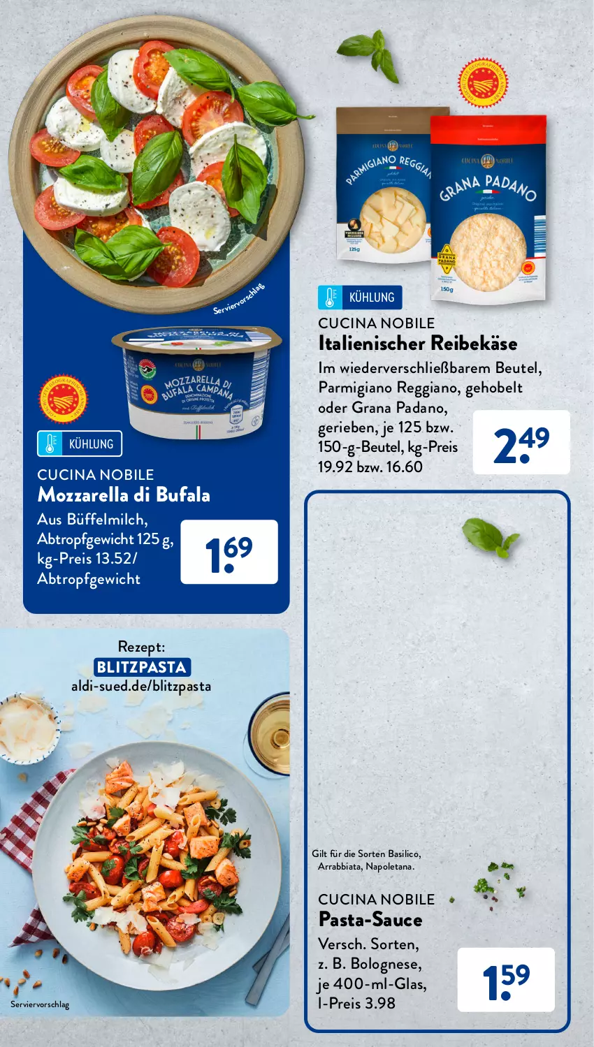 Aktueller Prospekt AldiSud - Entdecke unser Sortiment - von 01.08 bis 31.08.2023 - strona 14 - produkty: aldi, arrabbiata, basilico, beutel, bolognese, cin, di bufala, eis, grana, grana padano, Käse, milch, mozzarella, padano, parmigiano, parmigiano reggiano, pasta, pasta-sauce, Rana, reggiano, Reibekäse, reis, rel, rezept, sauce