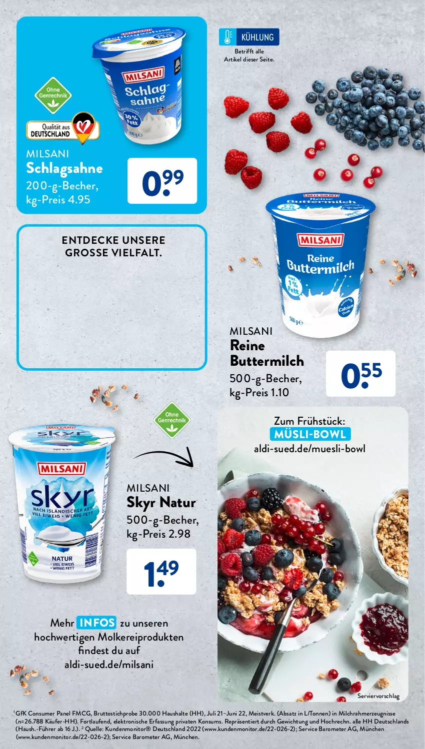 Aktueller Prospekt AldiSud - Entdecke unser Sortiment - von 01.08 bis 31.08.2023 - strona 3 - produkty: aldi, Becher, brut, butter, buttermilch, decke, eis, Elektro, elle, HP, Laufen, milch, molkereiprodukte, monitor, müsli, natur, reine buttermilch, reis, sahne, schlagsahne, Skyr, Ti