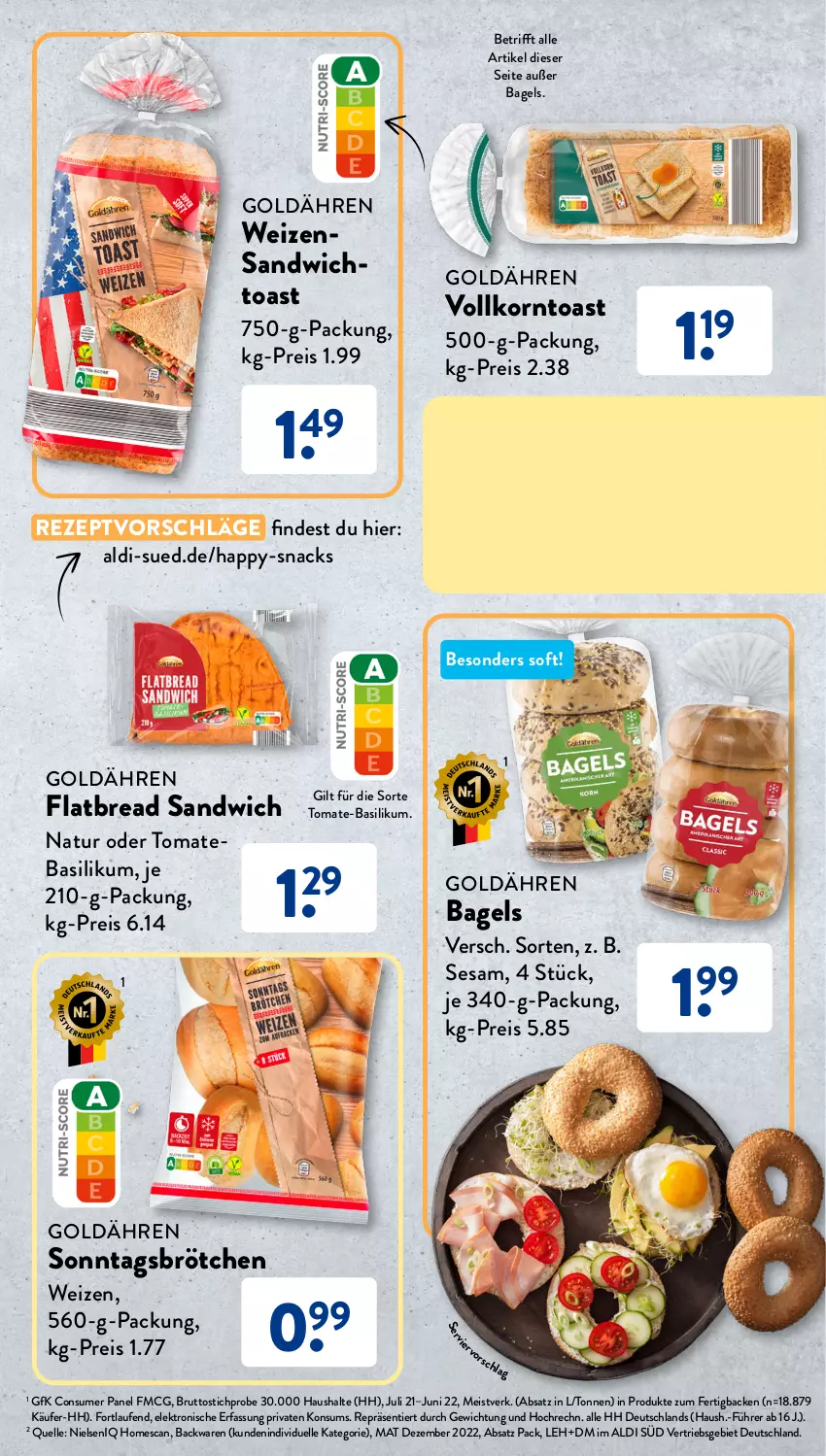 Aktueller Prospekt AldiSud - Entdecke unser Sortiment - von 01.08 bis 31.08.2023 - strona 7 - produkty: aldi, backwaren, Bagel, basilikum, brötchen, brut, eis, Elektro, elle, HP, korn, Laufen, natur, reis, rezept, sandwich, sesam, snack, snacks, Sonntagsbrötchen, Ti, toast, tomate, tomate-basilikum