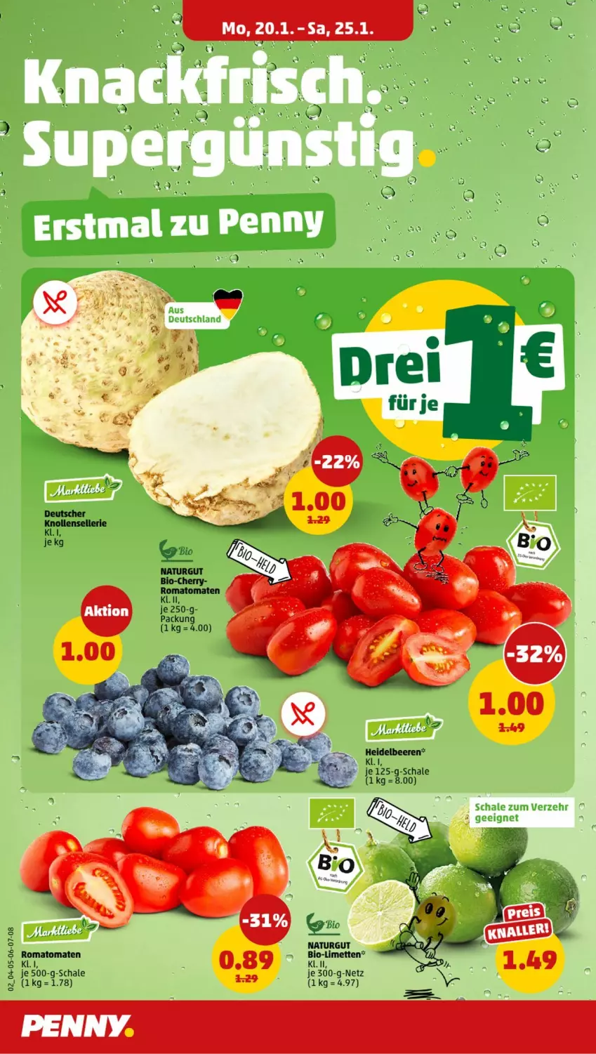 Aktueller Prospekt Penny - Prospekte - von 20.01 bis 25.01.2025 - strona 2 - produkty: beere, beeren, bio, heidelbeere, heidelbeeren, limette, limetten, Mett, metten, natur, Romatomaten, Schal, Schale, tomate, tomaten