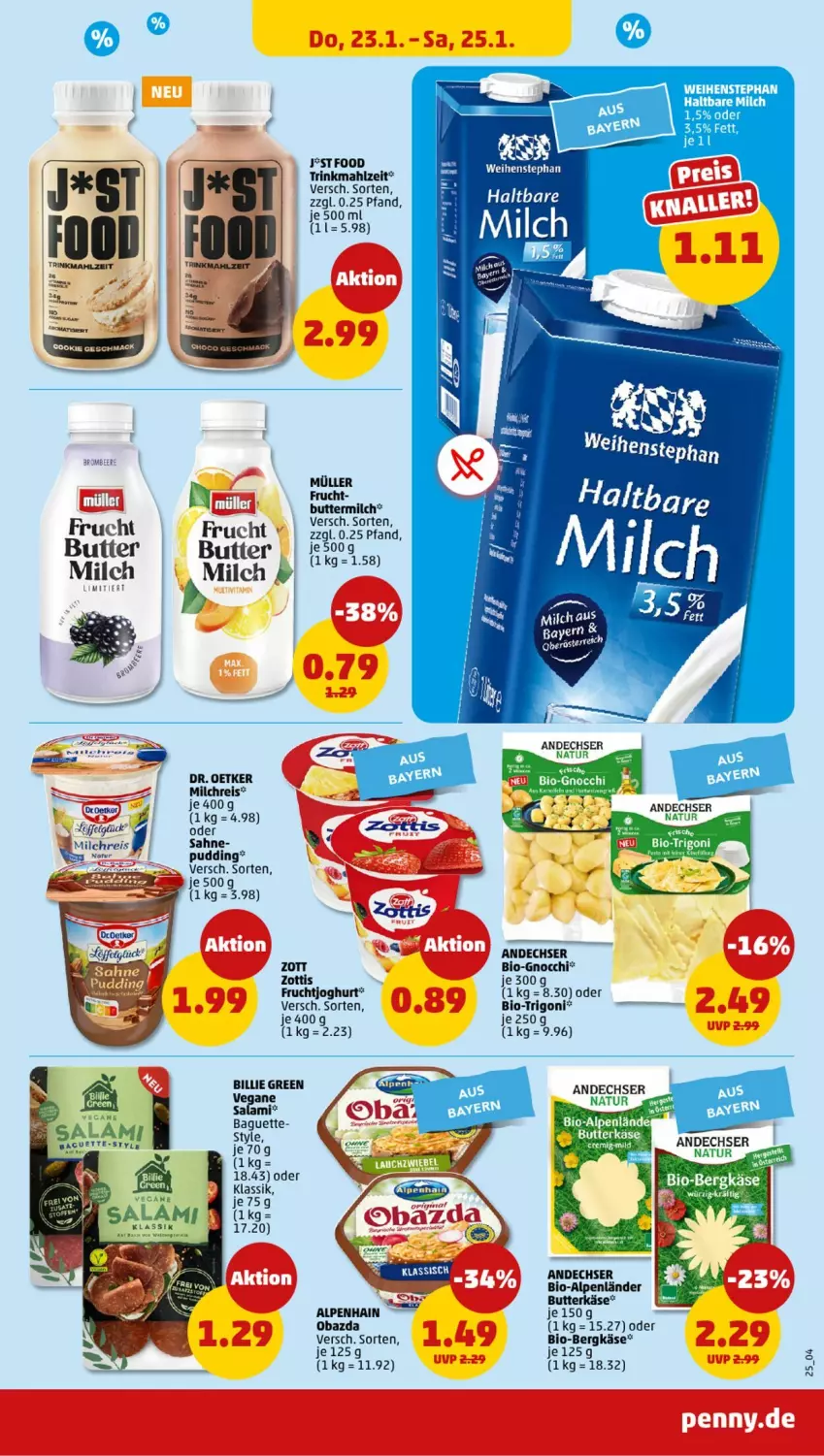 Aktueller Prospekt Penny - Prospekte - von 20.01 bis 25.01.2025 - strona 25 - produkty: Alpenhain, auer, baguette, Bergkäse, bio, butter, butterkäse, buttermilch, Dr. Oetker, eis, frucht, fruchtjoghurt, gnocchi, haltbare milch, joghur, joghurt, Käse, milch, milchreis, Müller, natur, obazda, pudding, reis, sahne, salami, tee, Ti, weihenstephan, zott