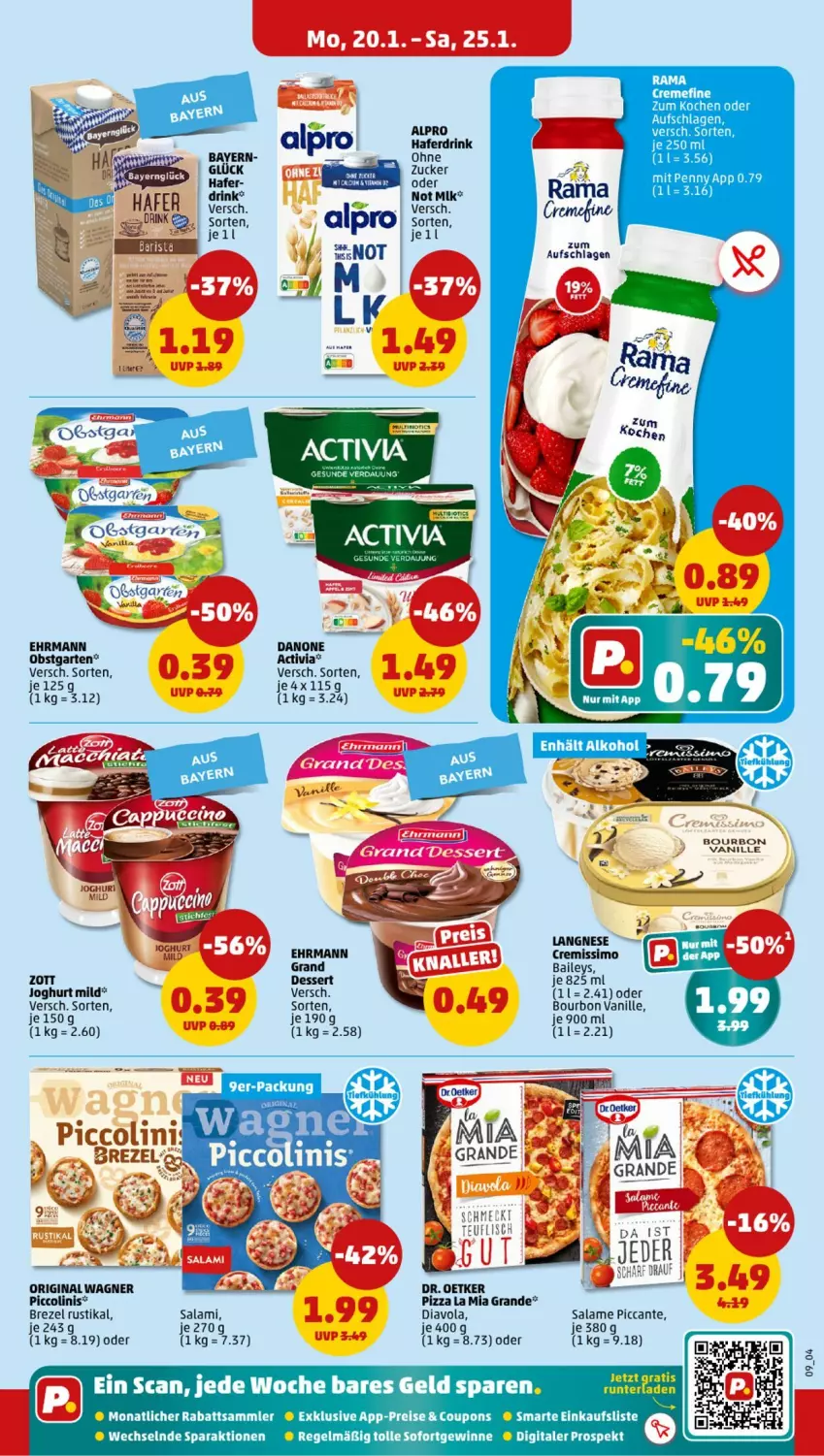 Aktueller Prospekt Penny - Prospekte - von 20.01 bis 25.01.2025 - strona 9 - produkty: activia, alkohol, alpro, baileys, bourbon, bourbon vanille, brezel, coupon, coupons, creme, cremissimo, danone, danone activia, dessert, Dr. Oetker, drink, droetker, ehrmann, eis, Garten, gin, hafer, Haferdrink, joghur, joghurt, joghurt mild, langnese, obst, obstgarten, original wagner, piccolinis, pizza, rama, reis, salami, sim, Ti, vanille, wagner, zott