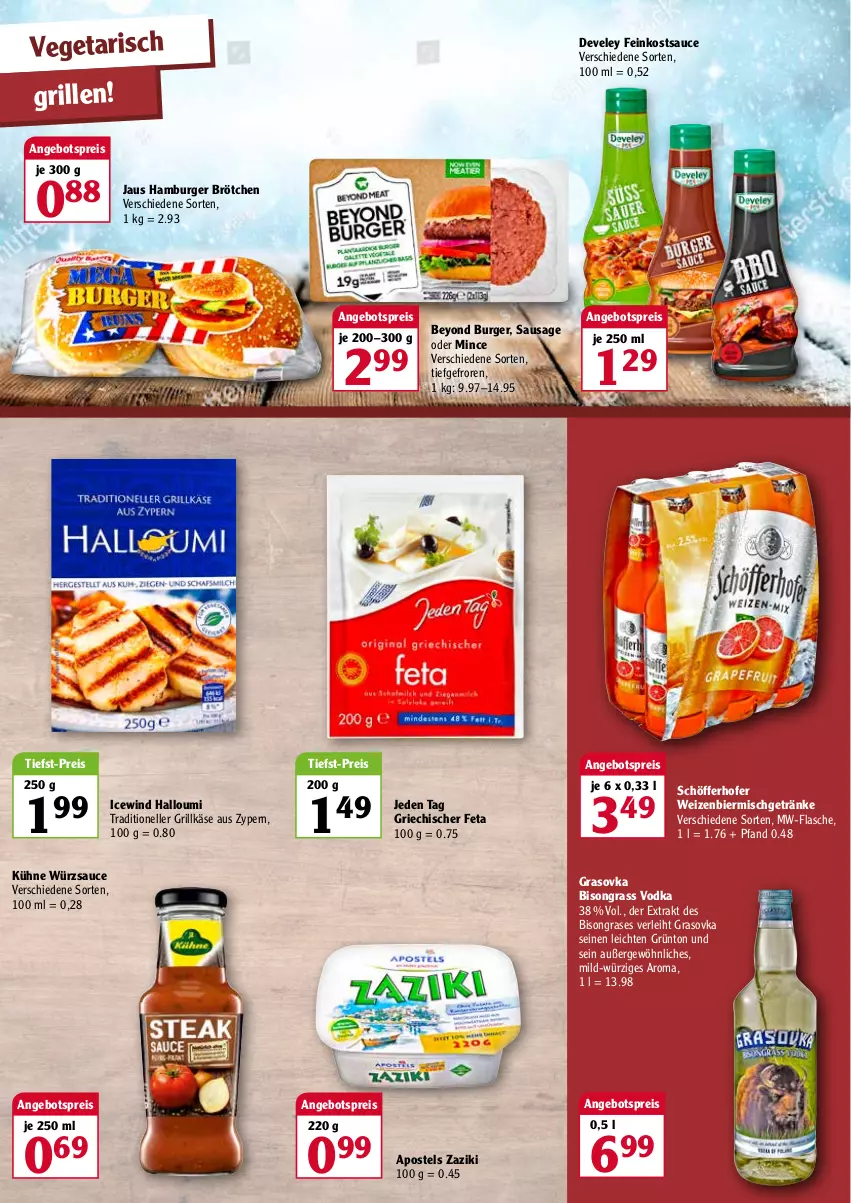 Aktueller Prospekt Globus - Prospekte - von 17.01 bis 22.01.2022 - strona 2 - produkty: angebot, angebotspreis, apostels, bier, brötchen, burger, develey, eis, elle, feinkost, feta, flasche, getränk, getränke, grill, Grillkäse, Halloumi, hamburger, hamburger brötchen, Käse, Kühne, mw-flasche, reis, sauce, schöfferhofer, Ti, tiefst-preis, Vegeta, vodka, würzsauce, Yo, zaziki