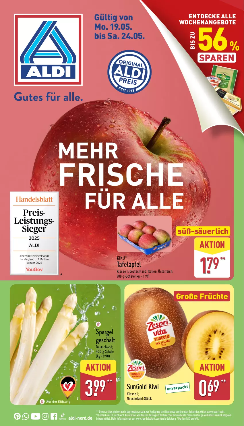 Aktueller Prospekt Aldi Nord - Von Montag - von 19.05 bis 24.05.2025 - strona 1 - produkty: aldi, angebot, angebote, decke, eis, Elan, früchte, kiwi, lebensmittel, Rauch, reis, Schal, Schale, spargel, tafeläpfel, Ti, Yo, ZTE
