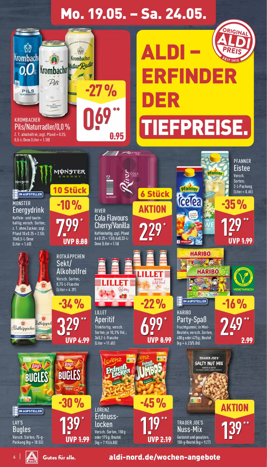 Aktueller Prospekt Aldi Nord - Von Montag - von 19.05 bis 24.05.2025 - strona 10 - produkty: aldi, alkohol, angebot, angebote, aperitif, beutel, bugles, cola, drink, eis, eistee, elle, erdnuss, flasche, frucht, fruchtgummi, haribo, krombache, krombacher, krombacher pils, lillet, lorenz, monster, Monster Energy, natur, nuss, pfanne, Pfanner, pils, radler, reis, rotkäppchen, salz, sekt, tee, teller, Ti, tiefpreis, zucker
