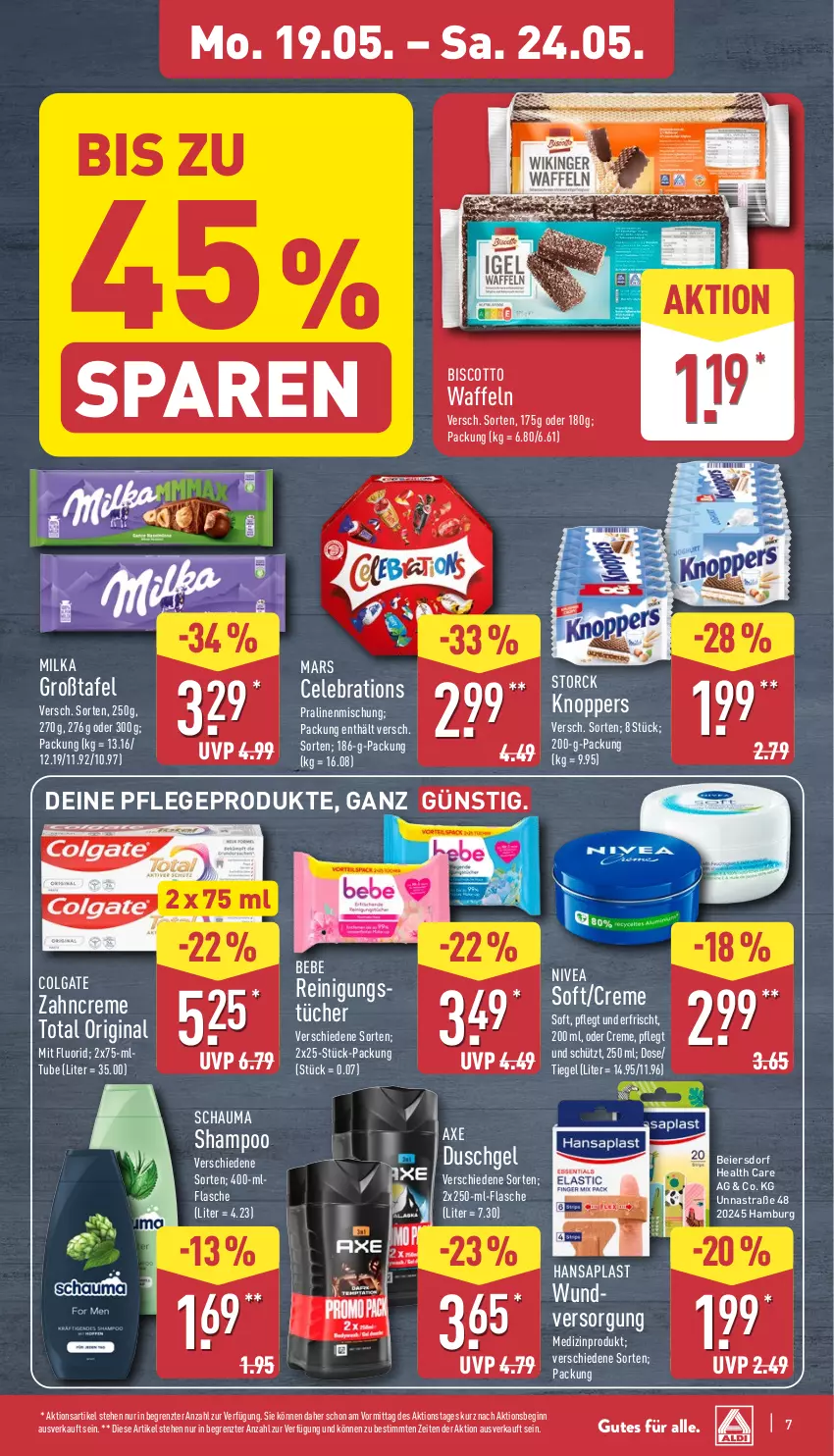 Aktueller Prospekt Aldi Nord - Von Montag - von 19.05 bis 24.05.2025 - strona 11 - produkty: Astra, axe, Bebe, biscotto, colgate, creme, duschgel, eier, flasche, gin, hansaplast, knoppers, LG, mars, medizinprodukt, milka, nivea, pralinen, Reinigung, reinigungstücher, schauma, schauma shampoo, shampoo, storck, Ti, tücher, waffeln, zahncreme, ZTE