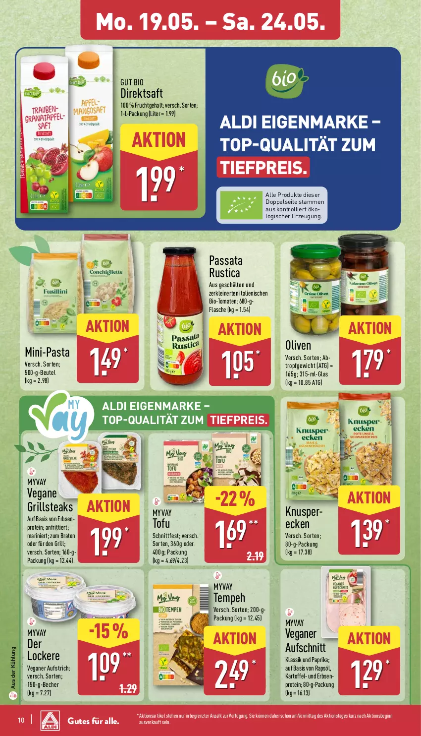 Aktueller Prospekt Aldi Nord - Von Montag - von 19.05 bis 24.05.2025 - strona 14 - produkty: aldi, aufschnitt, aufstrich, Becher, beutel, bio, braten, direktsaft, eis, erbsen, flasche, frucht, gin, grill, kartoffel, leine, olive, oliven, paprika, pasta, rapsöl, reis, saft, steak, steaks, Ti, tiefpreis, Tofu, tomate, tomaten, trolli, ZTE