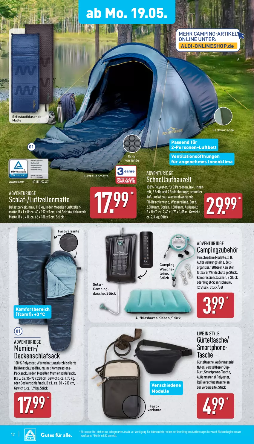 Aktueller Prospekt Aldi Nord - Von Montag - von 19.05 bis 24.05.2025 - strona 16 - produkty: Abba, aldi, Bau, bett, Campingdusche, decke, dell, dusche, eis, elle, gin, gürteltasche, hering, kissen, Kugel, leine, luftbett, Mode, Ria, ring, sac, schlafsack, smartphone, Tasche, taschen, Ti, wasser, Windschutz, Zelt, ZTE