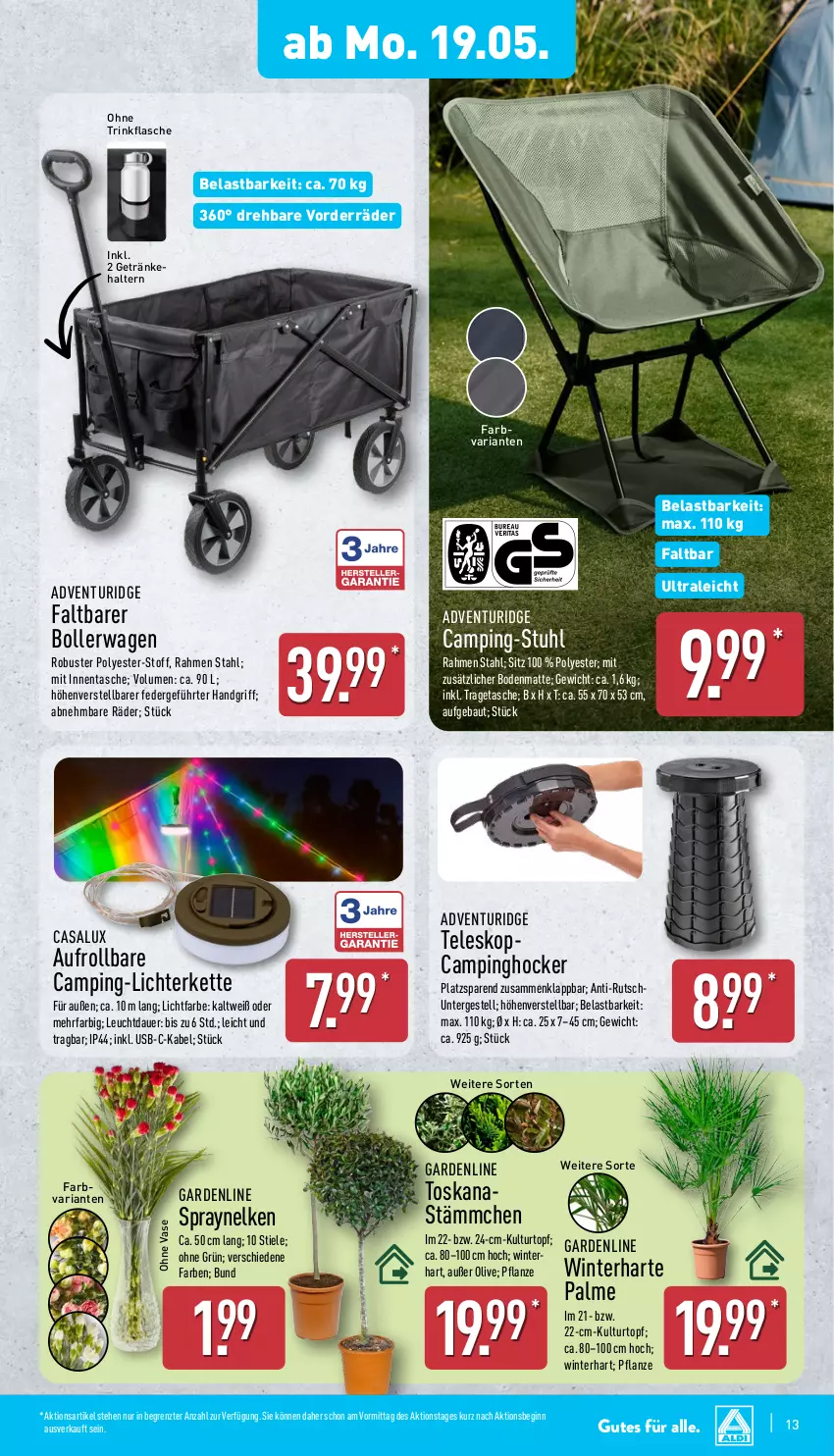 Aktueller Prospekt Aldi Nord - Von Montag - von 19.05 bis 24.05.2025 - strona 17 - produkty: auer, Bau, bollerwagen, Faltbarer Bollerwagen, flasche, getränk, getränke, getränkehalter, gin, hocker, Kette, kulturtopf, lichterkette, olive, pflanze, Ria, stuhl, Tasche, Teleskop, Ti, topf, tragetasche, trinkflasche, usb, Vase, ZTE