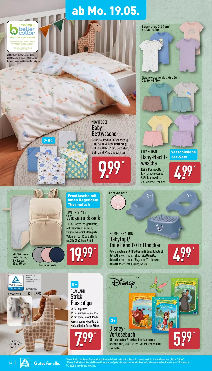 Aktueller Prospekt Aldi Nord - Von Montag - von 19.05 bis 24.05.2025 - strona 18 - produkty: Anzug, Bau, baumwolle, bett, bettwäsche, buch, dell, disney, eis, Elan, elle, ente, garnitur, hocker, jeans, Kinder, kissen, Kissenbezug, LG, Liege, Mode, Plüsch, reine baumwolle, Ria, rucksack, rwe, sac, Schlafanzug, schultergurt, socken, Strampler, Tasche, Ti, topf, WICK, Wickelunterlage, wolle