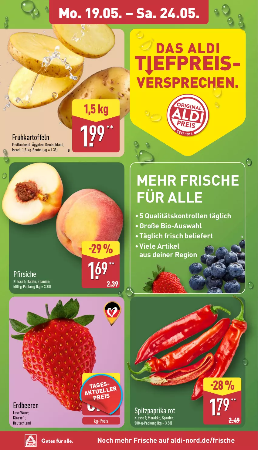 Aktueller Prospekt Aldi Nord - Von Montag - von 19.05 bis 24.05.2025 - strona 2 - produkty: aldi, beere, beeren, beutel, bio, eis, erdbeere, erdbeeren, Frühkartoffeln, kartoffel, kartoffeln, paprika, paprika rot, pfirsich, pfirsiche, reis, Spitzpaprika, Ti