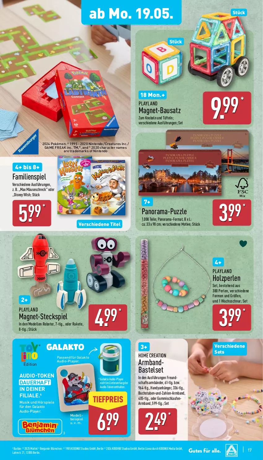 Aktueller Prospekt Aldi Nord - Von Montag - von 19.05 bis 24.05.2025 - strona 21 - produkty: Anhänger, Armband, auer, Barbie, Bau, buch, dell, disney, eis, elle, Familienspiel, Handy, Holz, Laufen, LG, Magnet-Bausatz, Mattel, Mode, nintendo, perlen, Puzzle, rama, reis, rum, Spiele, Steckspiel, Ti, tiefpreis